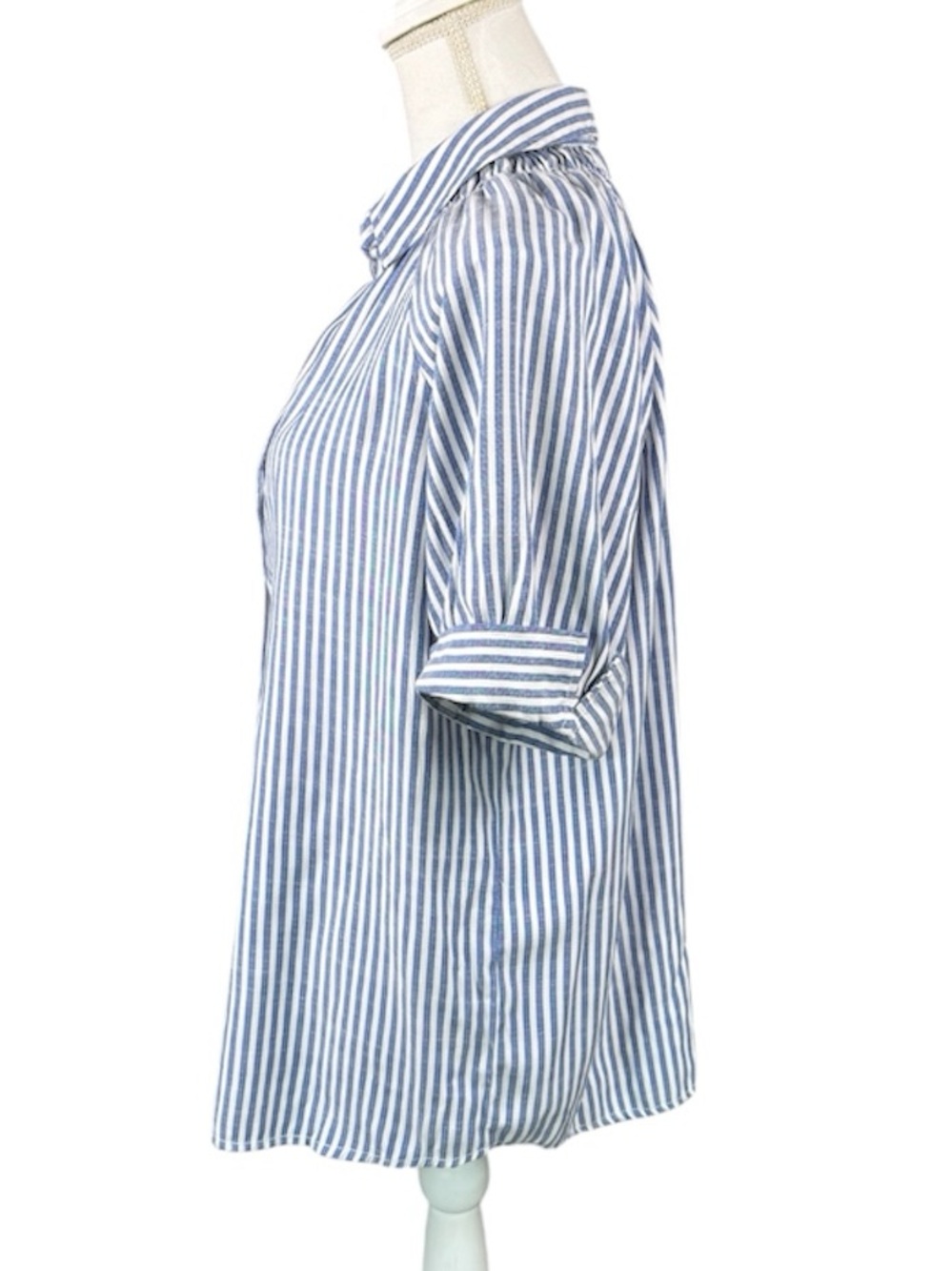 Max Studio Blue & White Striped Popover Blouse Collared Neck Short Cuffed Sleeve - Picture 2 of 11